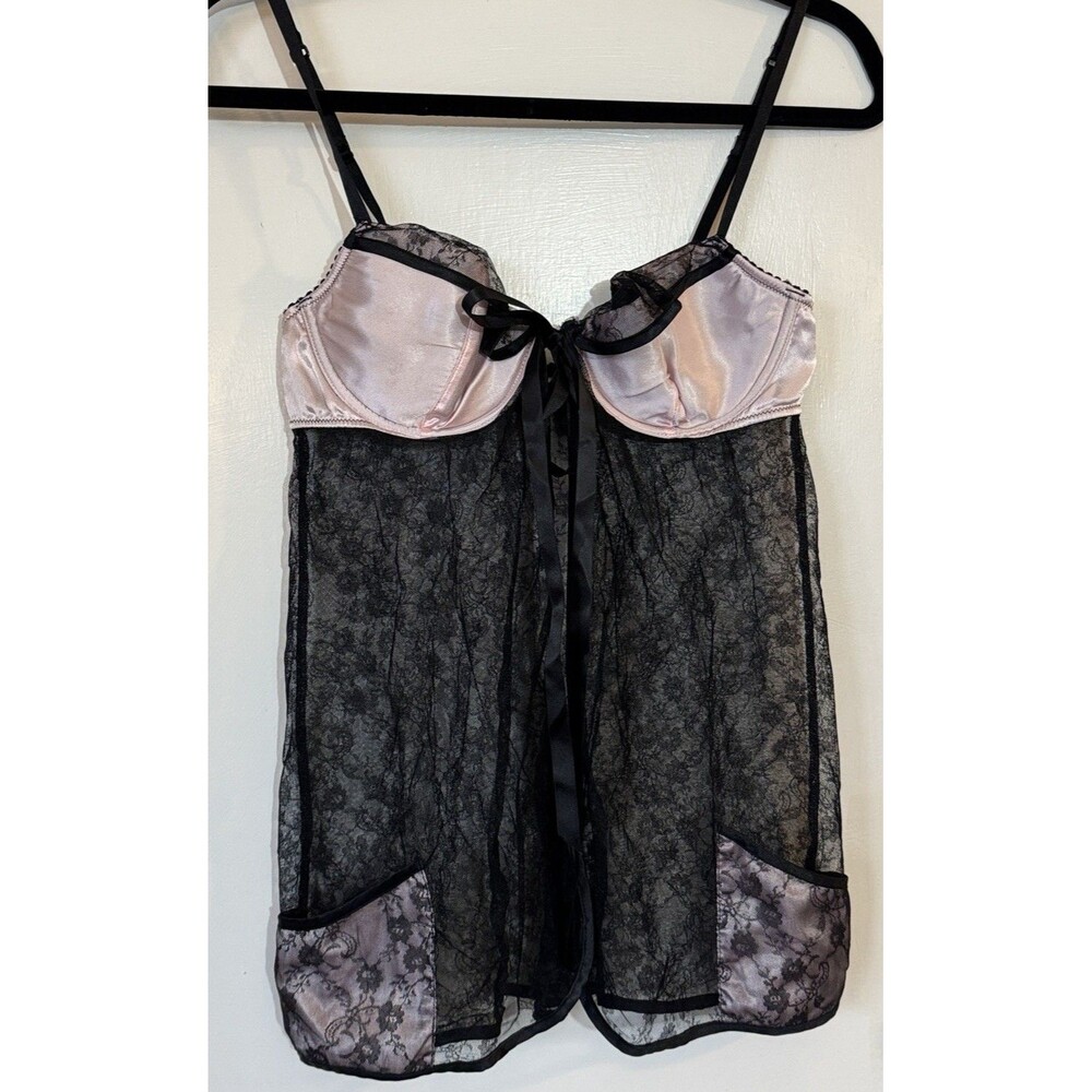 Vintage Y2K Victoria's Secret Black Pink Sheer Nightie Lingerie 34D Lace Pockets